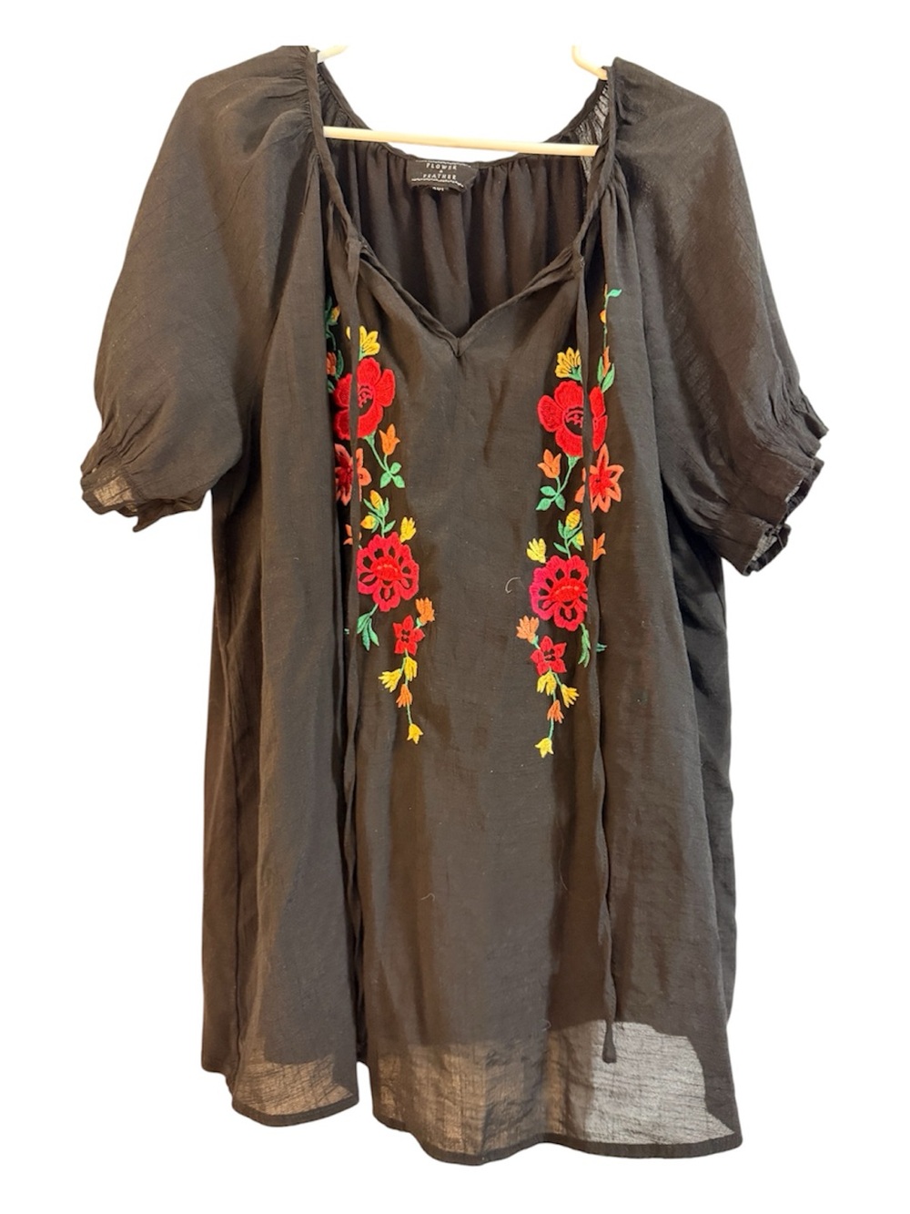 Black Embroidered V-Neck Peasant Blouse with Red Floral Accents